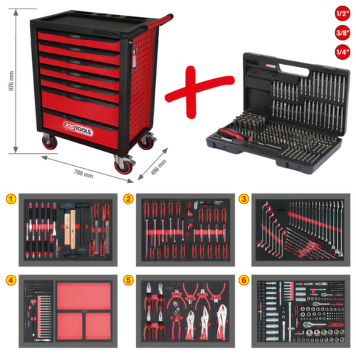 KS Tools RACINGline BLACK/ROT Chariot d'atelier avec 7 tiroirs et 598 outils haut de gamme