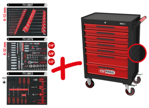KS Tools ECOline BLACK/ROT Chariot d'atelier avec 7 tiroirs et 215 outils haut de gamme