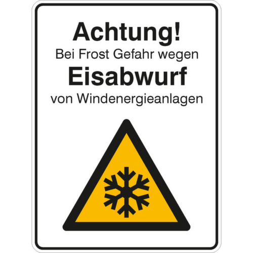 Hinweisschild SafetyMarking®, "Achtung! Bei Frost Gefahr wegen Eisabwurf von Windenergieanlagen" Standard 1 L