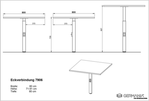 Eckiges Verkettungselement GW-MAILAND 7906 mit Stützfuß, Breite x Tiefe 800 x 800 mm, Platte graphit Technische Zeichnung 1 L