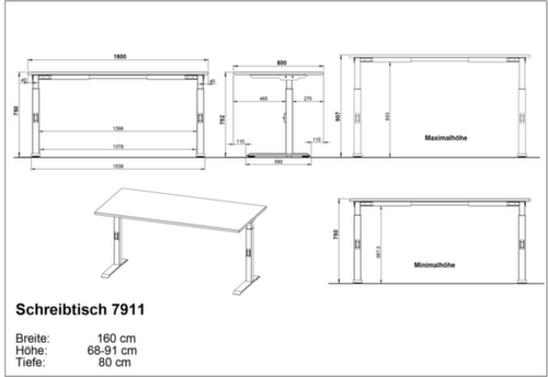 Höhenverstellbarer Schreibtisch GW-MAILAND 7911 Technische Zeichnung 1 L