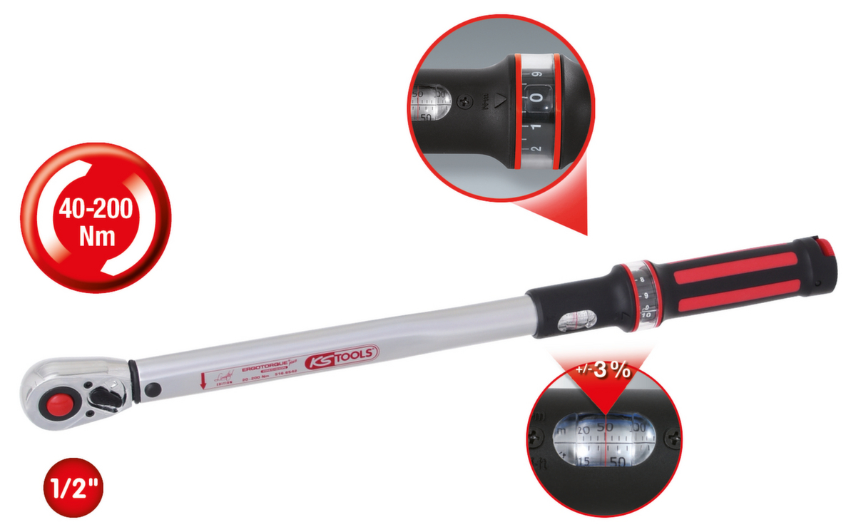 KS Tools 1/2" ERGOTORQUE®precision Ratschen-Drehmomentschlüssel Standard 2 ZOOM