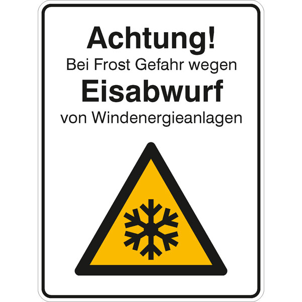 Hinweisschild SafetyMarking®, "Achtung! Bei Frost Gefahr wegen Eisabwurf von Windenergieanlagen" Standard 1 ZOOM