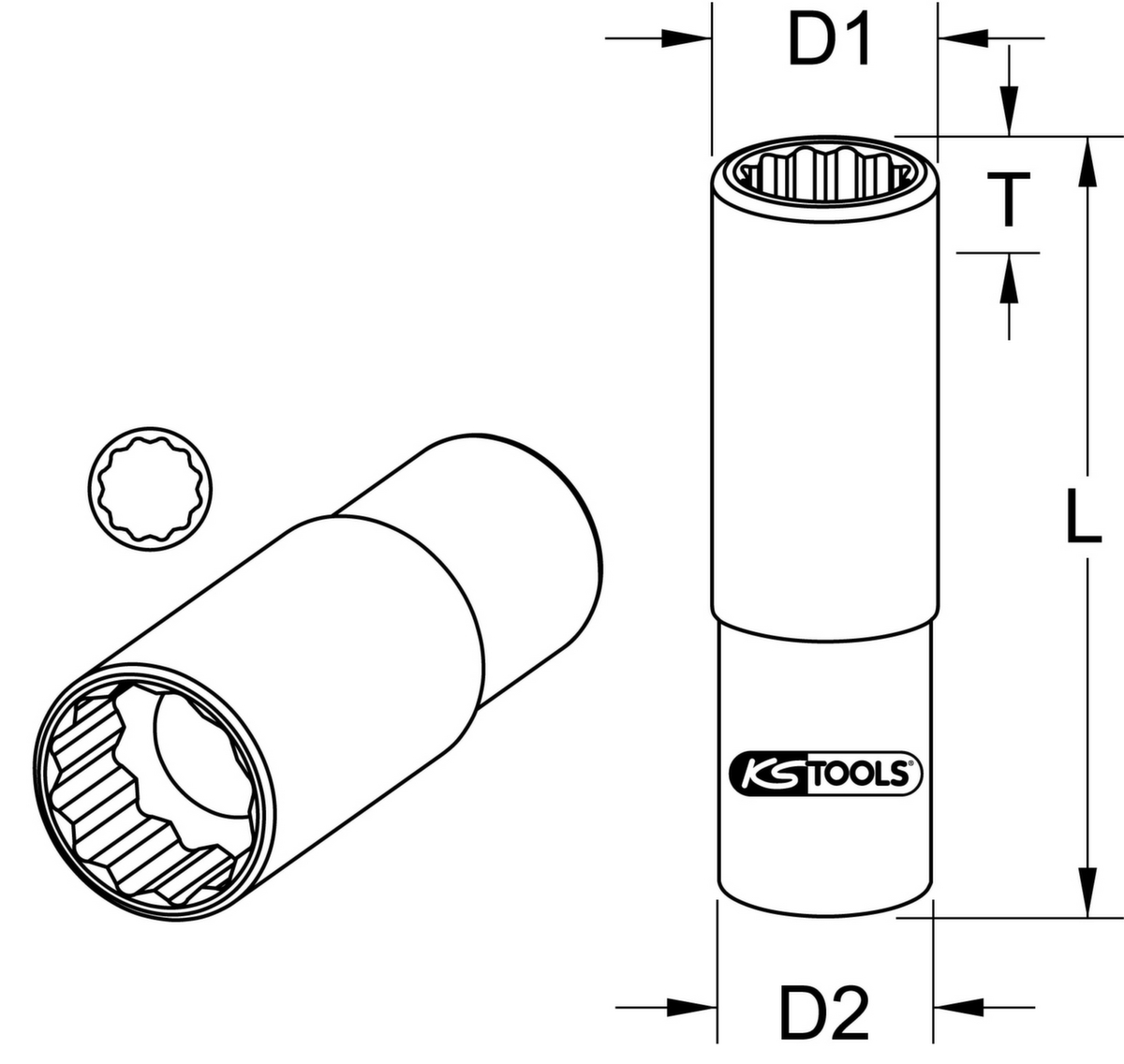 KS Tools 1/2" 12-kant-Stecknuss Technische Zeichnung 1 ZOOM