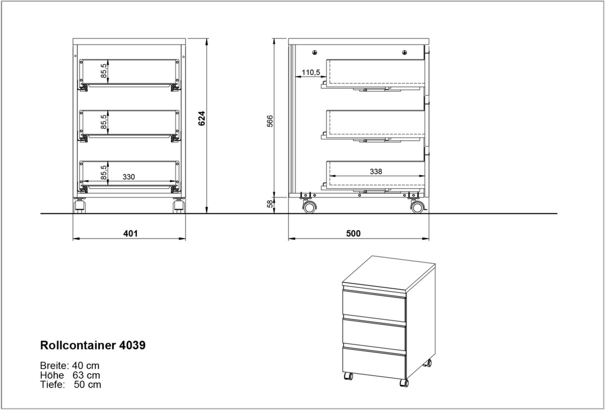 Rollcontainer 4039 Technische Zeichnung 1 ZOOM