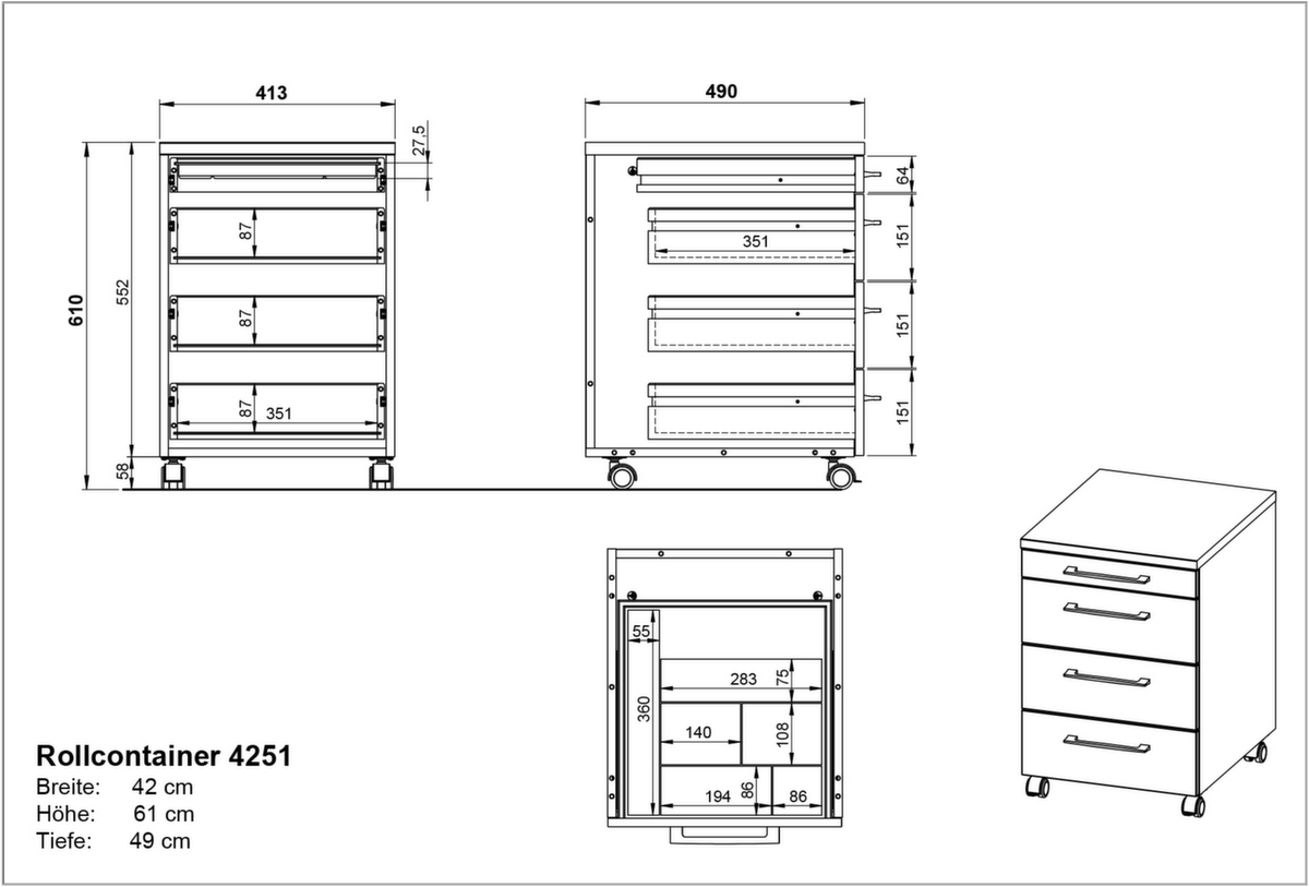 Rollcontainer GW-PROFI 2.0 Technische Zeichnung 1 ZOOM