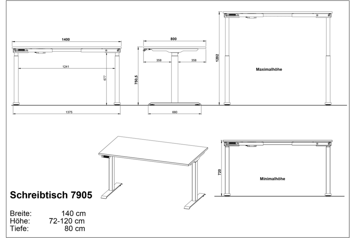 Elektrisch höhenverstellbarer Schreibtisch GW-MAILAND 7905 Technische Zeichnung 1 ZOOM