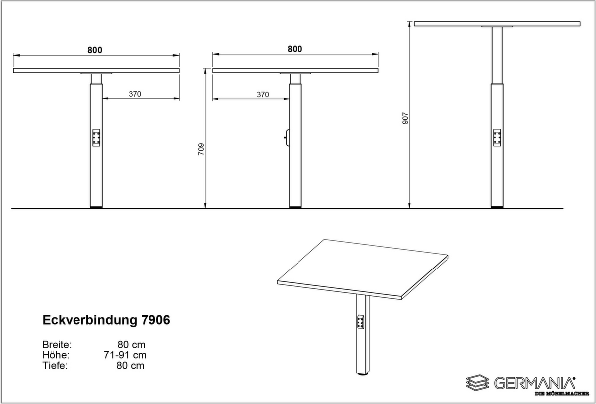 Eckiges Verkettungselement GW-MAILAND 7906 mit Stützfuß, Breite x Tiefe 800 x 800 mm, Platte weiß Technische Zeichnung 1 ZOOM