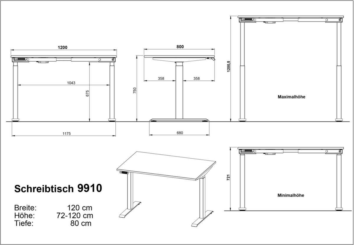 Höhenverstellbarer Schreibtisch GW-BEDANO Technische Zeichnung 1 ZOOM