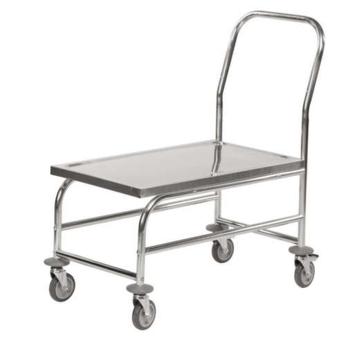 Chariot avec barre de poussée en acier inoxydable, force 100 kg, plateau longueur x largeur 735 x 390 mm