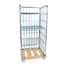 Bac sur roulettes rolltainer® avec 3 parois et 3 tablettes, force 500 kg, longueur x largeur 810 x 724 mm
