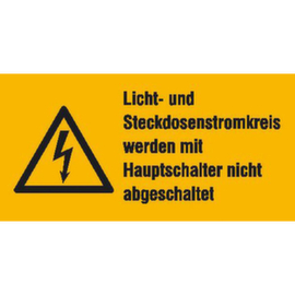 panneau d'avertissement combiné SafetyMarking® « L'interrupteur principal ne coupe pas le circuit d'éclairage ni le circuit de prises électriques »