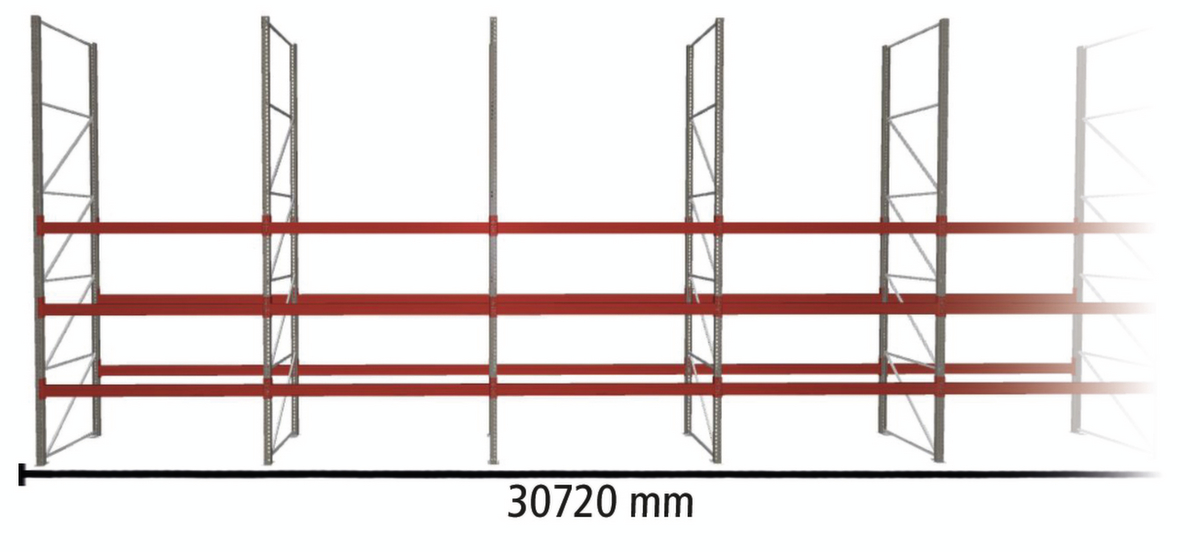 META Rayonnage à palettes MULTIPAL pour 132 palettes, largeur 30720 mm, 4 niveaux de stockage