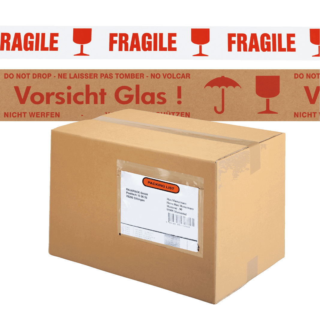 Versandkarton mit Versandtasche und Warnband zur Kennzeichnung empfindlicher Ware