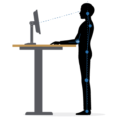 Grafik eines ergonomischen Steharbeitsplatzes mit höhenverstellbarem Schreibtisch