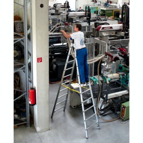 Mitarbeiter nutzt eine Leiter für Wartungsarbeiten in einer Industriehalle