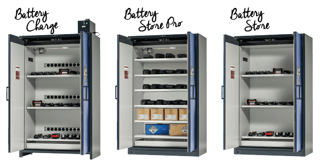 Lithium-Ionen-Akku Lagerschränke Battery Charge, Battery Store Pro und Battery Store im Vergleich